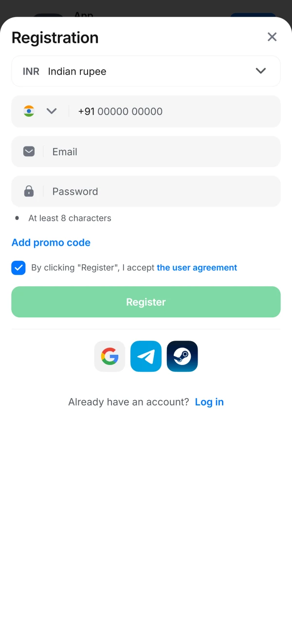 Complete a quick registration in the 1Win application.